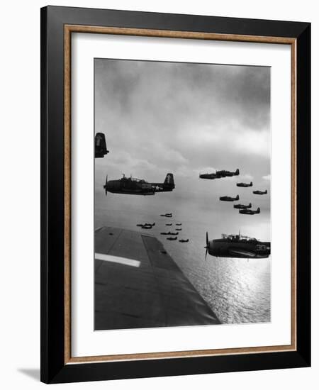 Navy Grumman Avenger Torpedo Bombers Flying Toward Their First Naval Air Strike on Japan-W^ Eugene Smith-Framed Photographic Print