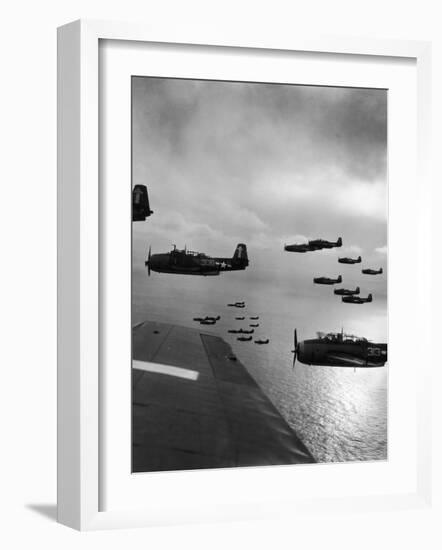 Navy Grumman Avenger Torpedo Bombers Flying Toward Their First Naval Air Strike on Japan-W^ Eugene Smith-Framed Photographic Print