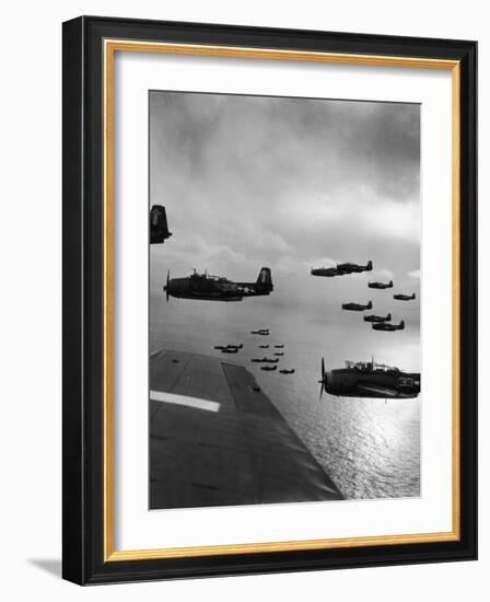 Navy Grumman Avenger Torpedo Bombers Flying Toward Their First Naval Air Strike on Japan-W^ Eugene Smith-Framed Photographic Print