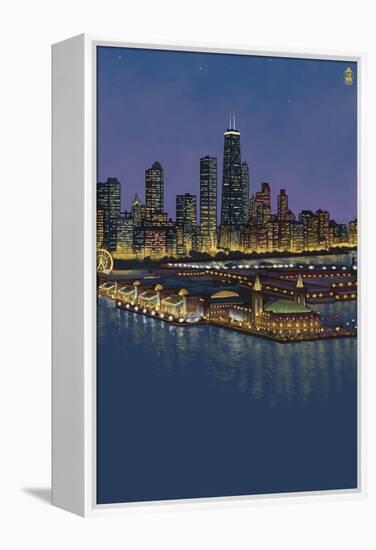 Navy Pier and Chicago Skyline - NO TEXT-Lantern Press-Framed Stretched Canvas