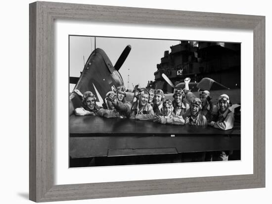 Navy Pilots Celebrate on the USS Lexington-null-Framed Photo