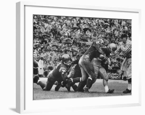 Navy's Prize Halfback Joe Bellino Dragging Tacklers in a Game Against Notre Dame-George Silk-Framed Premium Photographic Print