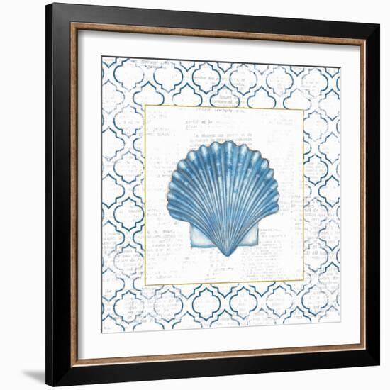 Navy Scallop Shell on Newsprint with Gold-Emily Adams-Framed Art Print