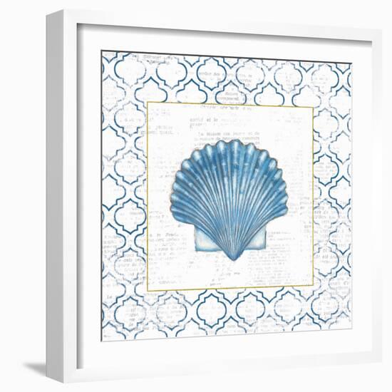 Navy Scallop Shell on Newsprint with Gold-Emily Adams-Framed Art Print