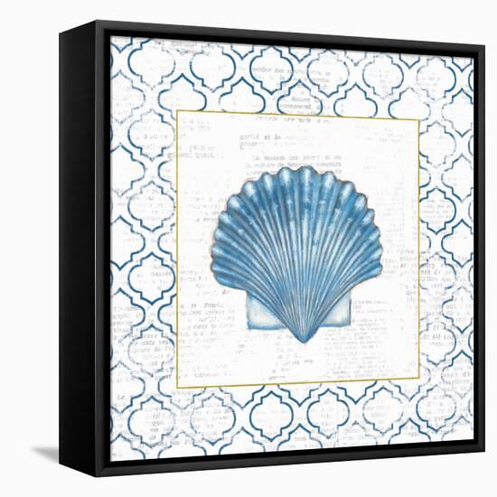 Navy Scallop Shell on Newsprint with Gold-Emily Adams-Framed Stretched Canvas