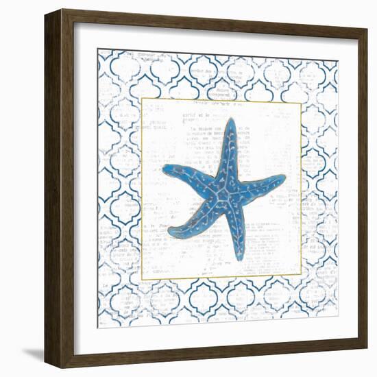 Navy Starfish on Newsprint with Gold-Emily Adams-Framed Art Print