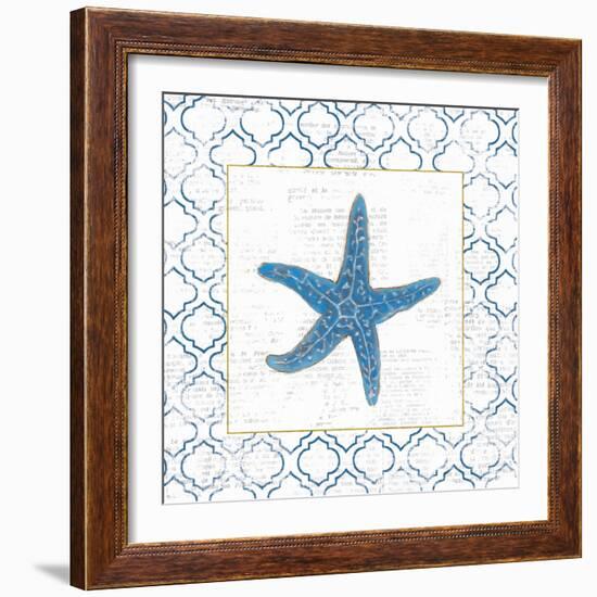 Navy Starfish on Newsprint with Gold-Emily Adams-Framed Art Print