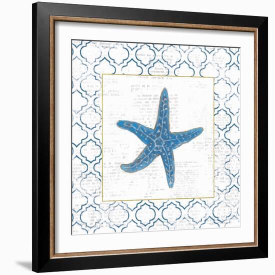 Navy Starfish on Newsprint with Gold-Emily Adams-Framed Art Print