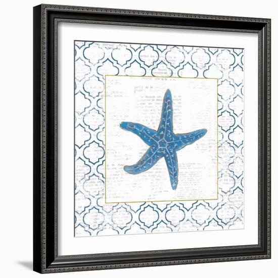 Navy Starfish on Newsprint with Gold-Emily Adams-Framed Art Print