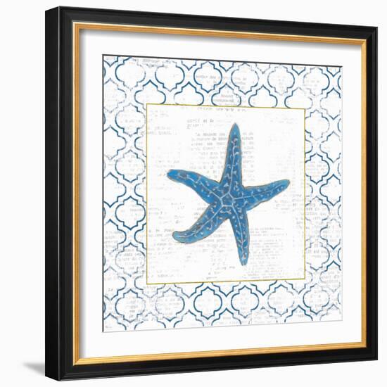 Navy Starfish on Newsprint with Gold-Emily Adams-Framed Art Print