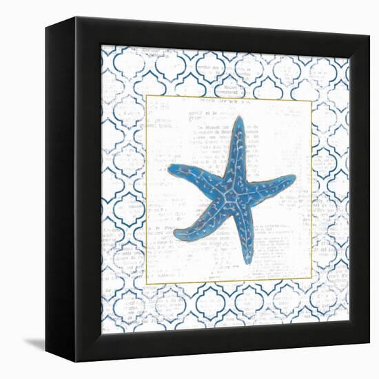 Navy Starfish on Newsprint with Gold-Emily Adams-Framed Stretched Canvas