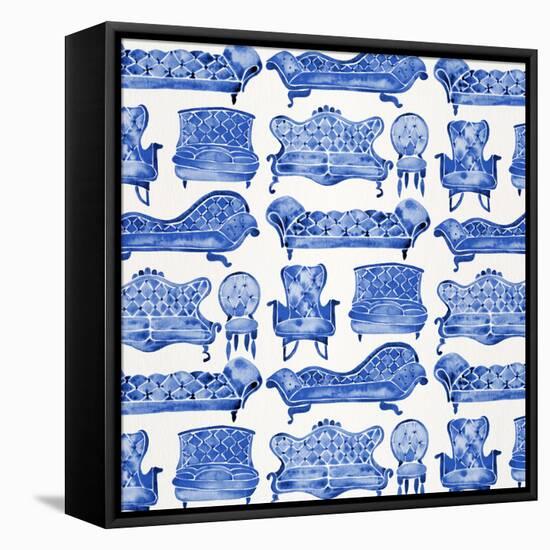 Navy Victorian Lounge Pattern-Cat Coquillette-Framed Stretched Canvas