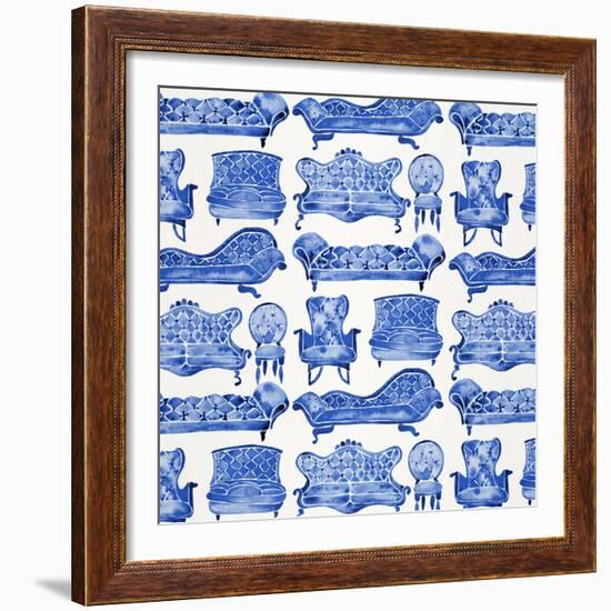 Navy Victorian Lounge Pattern-Cat Coquillette-Framed Giclee Print