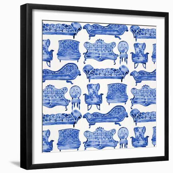 Navy Victorian Lounge Pattern-Cat Coquillette-Framed Giclee Print