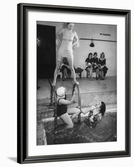 Navy Wives Playing at the Swimming Pool Together-George Strock-Framed Premium Photographic Print
