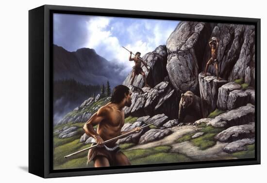 Neanderthals Hunt a Cave Bear-null-Framed Stretched Canvas