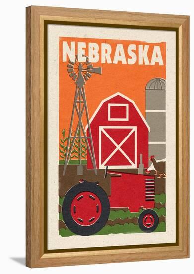 Nebraska - Country - Woodblock-Lantern Press-Framed Stretched Canvas