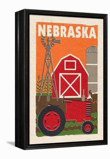 Nebraska - Country - Woodblock-Lantern Press-Framed Stretched Canvas