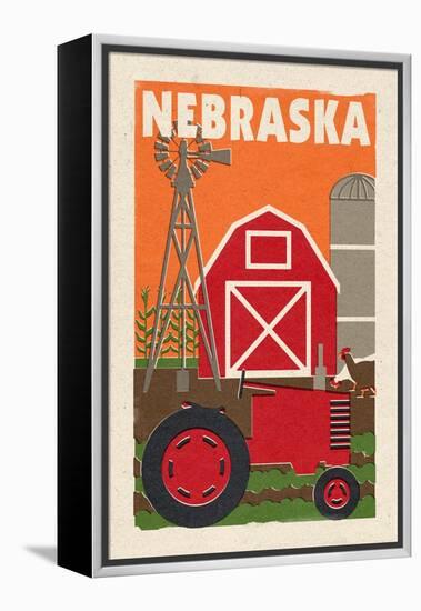 Nebraska - Country - Woodblock-Lantern Press-Framed Stretched Canvas