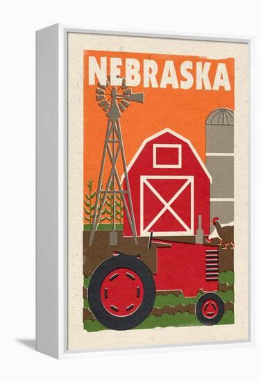 Nebraska - Country - Woodblock-Lantern Press-Framed Stretched Canvas