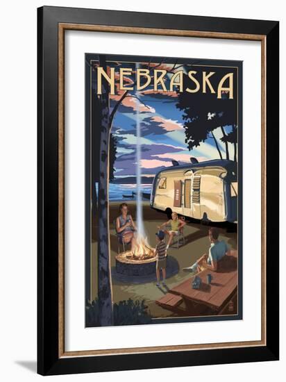 Nebraska - Retro Camper and Lake-Lantern Press-Framed Art Print