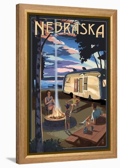 Nebraska - Retro Camper and Lake-Lantern Press-Framed Stretched Canvas