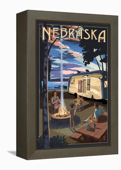 Nebraska - Retro Camper and Lake-Lantern Press-Framed Stretched Canvas