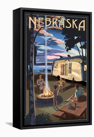 Nebraska - Retro Camper and Lake-Lantern Press-Framed Stretched Canvas