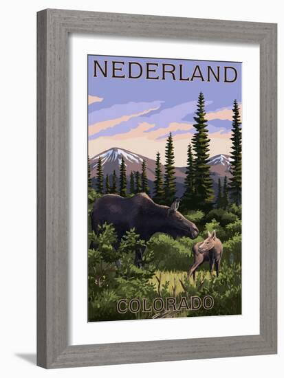 Nederland, Colorado - Moose and Baby-Lantern Press-Framed Art Print