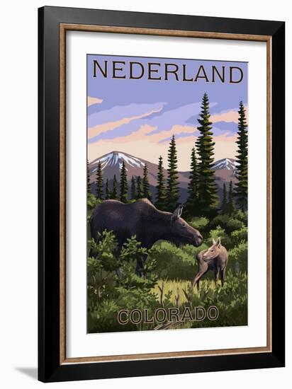 Nederland, Colorado - Moose and Baby-Lantern Press-Framed Art Print