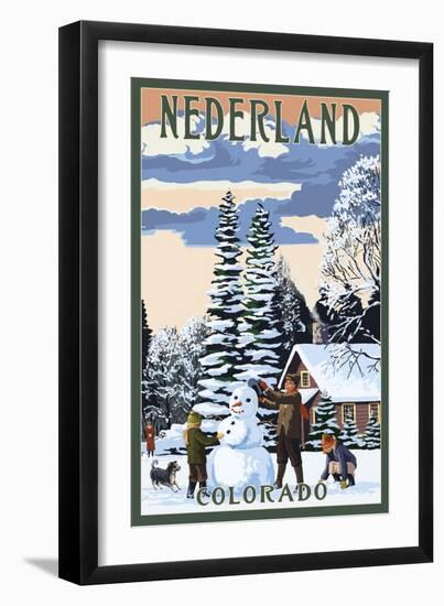 Nederland, Colorado - Snowman Scene-Lantern Press-Framed Art Print