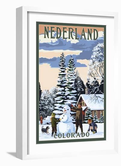 Nederland, Colorado - Snowman Scene-Lantern Press-Framed Art Print