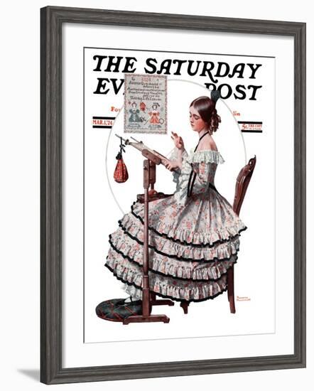 "Needlepoint" Saturday Evening Post Cover, March 1,1924-Norman Rockwell-Framed Giclee Print