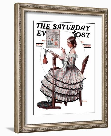 "Needlepoint" Saturday Evening Post Cover, March 1,1924-Norman Rockwell-Framed Giclee Print