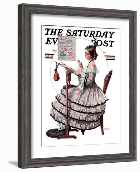 "Needlepoint" Saturday Evening Post Cover, March 1,1924-Norman Rockwell-Framed Giclee Print