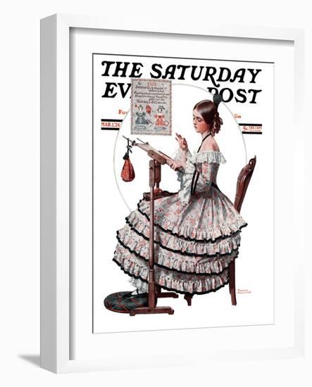 "Needlepoint" Saturday Evening Post Cover, March 1,1924-Norman Rockwell-Framed Giclee Print