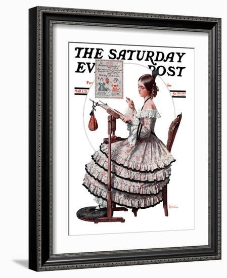 "Needlepoint" Saturday Evening Post Cover, March 1,1924-Norman Rockwell-Framed Giclee Print