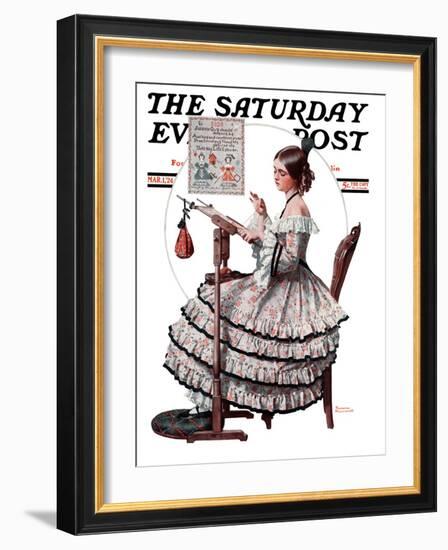 "Needlepoint" Saturday Evening Post Cover, March 1,1924-Norman Rockwell-Framed Giclee Print