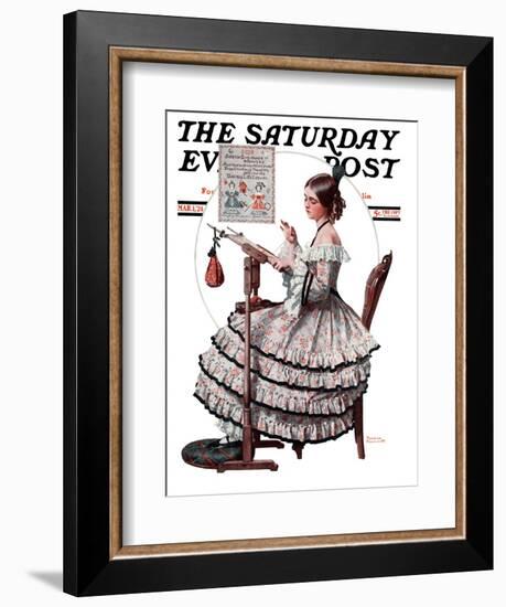 "Needlepoint" Saturday Evening Post Cover, March 1,1924-Norman Rockwell-Framed Giclee Print