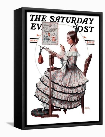 "Needlepoint" Saturday Evening Post Cover, March 1,1924-Norman Rockwell-Framed Premier Image Canvas