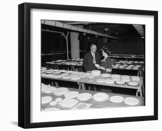 Nellie Tayloe Ross and Edward Bruce inspect designs for new Jefferson nickel, 1938-Harris & Ewing-Framed Photographic Print