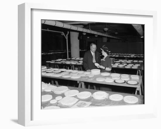 Nellie Tayloe Ross and Edward Bruce inspect designs for new Jefferson nickel, 1938-Harris & Ewing-Framed Photographic Print