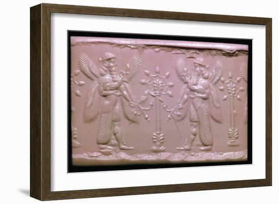 Neo-Assyrian cylinder-seal impression showing mythical beings making offerings. Artist: Unknown-Unknown-Framed Giclee Print