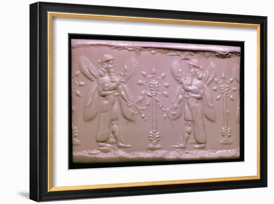 Neo-Assyrian cylinder-seal impression showing mythical beings making offerings. Artist: Unknown-Unknown-Framed Giclee Print