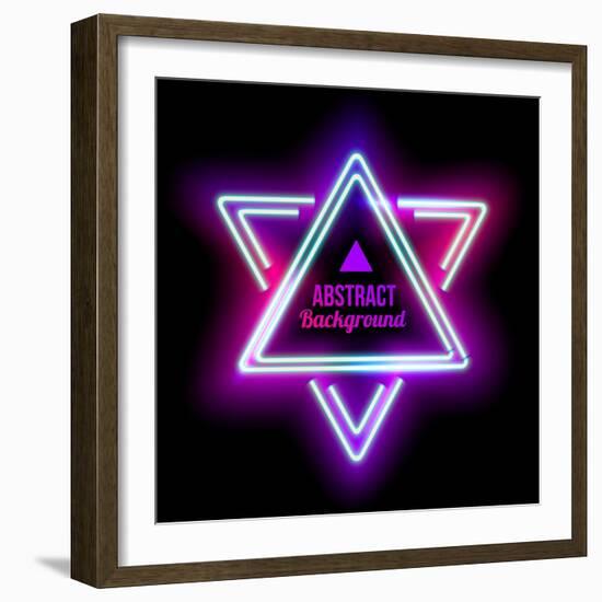 Neon Abstract Triangle. Glowing Frame. Vintage Electric Symbol. Burning a Pointer to a Black Wall I-sabelskaya-Framed Art Print
