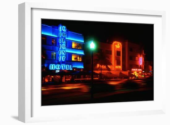 Neon Glow, Ocean Boulevard , Miami Beach-George Oze-Framed Photographic Print