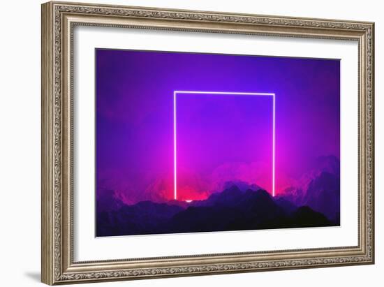 Neon light frame glowing in rocks. Energy square, show-Michal Bednarek-Framed Art Print