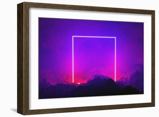 Neon light frame glowing in rocks. Energy square, show-Michal Bednarek-Framed Art Print