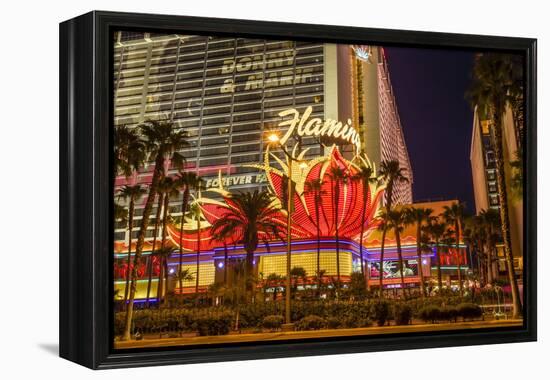 Neon Lights, Las Vegas Strip at Dusk with Flamingo Facade and Palm Trees, Las Vegas, Nevada, Usa-Eleanor Scriven-Framed Premier Image Canvas