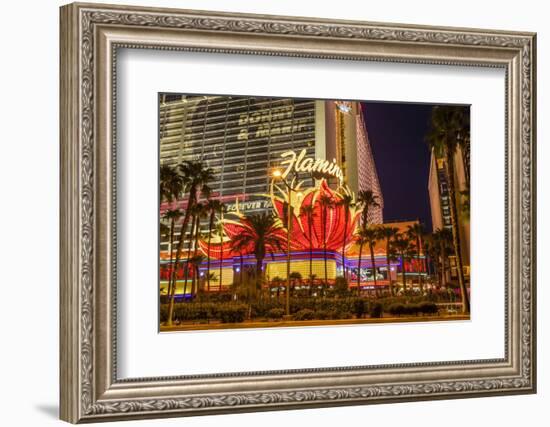 Neon Lights, Las Vegas Strip at Dusk with Flamingo Facade and Palm Trees, Las Vegas, Nevada, Usa-Eleanor Scriven-Framed Photographic Print